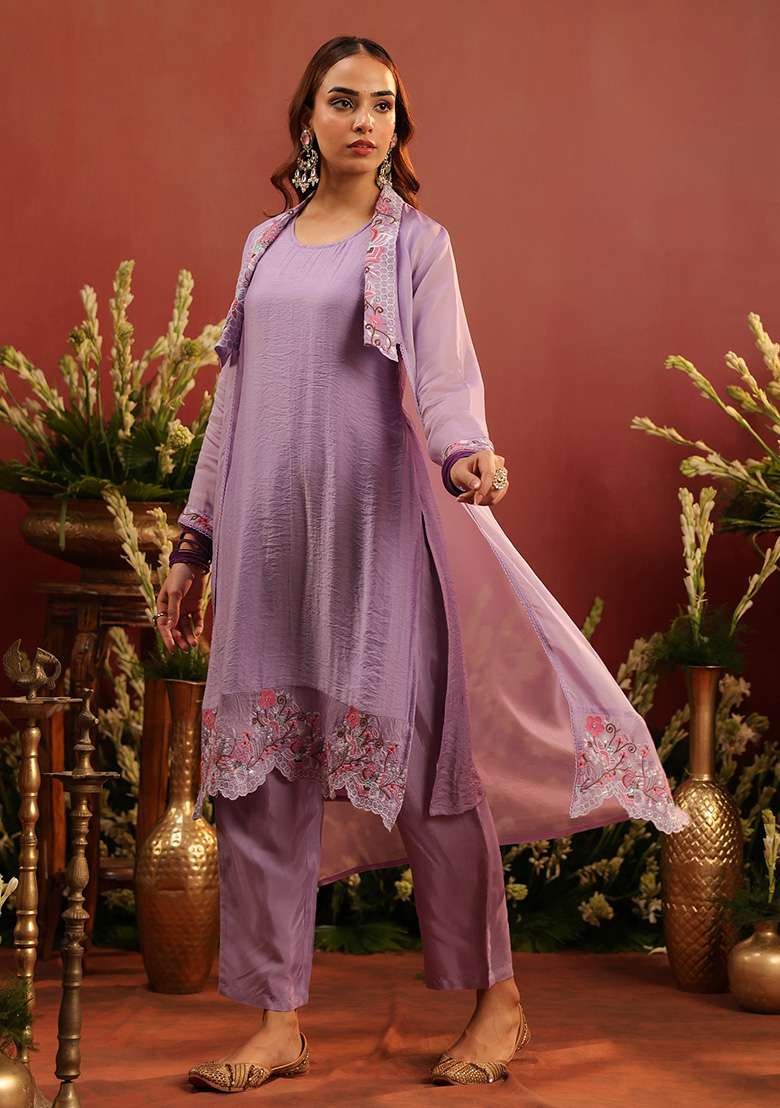 Lavender Embroidered Silk Blend Straight Kurta Set - Indya