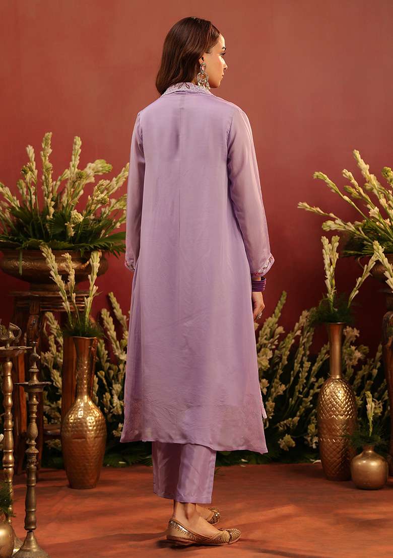 Lavender Embroidered Silk Blend Straight Kurta Set - Indya