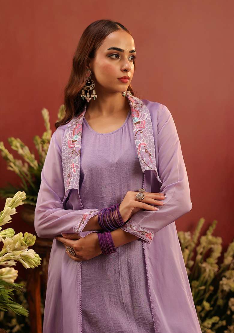 Lavender Embroidered Silk Blend Straight Kurta Set - Indya