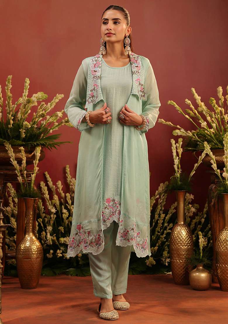 Sea Green Embroidered Silk Blend Straight Kurta Set - Indya