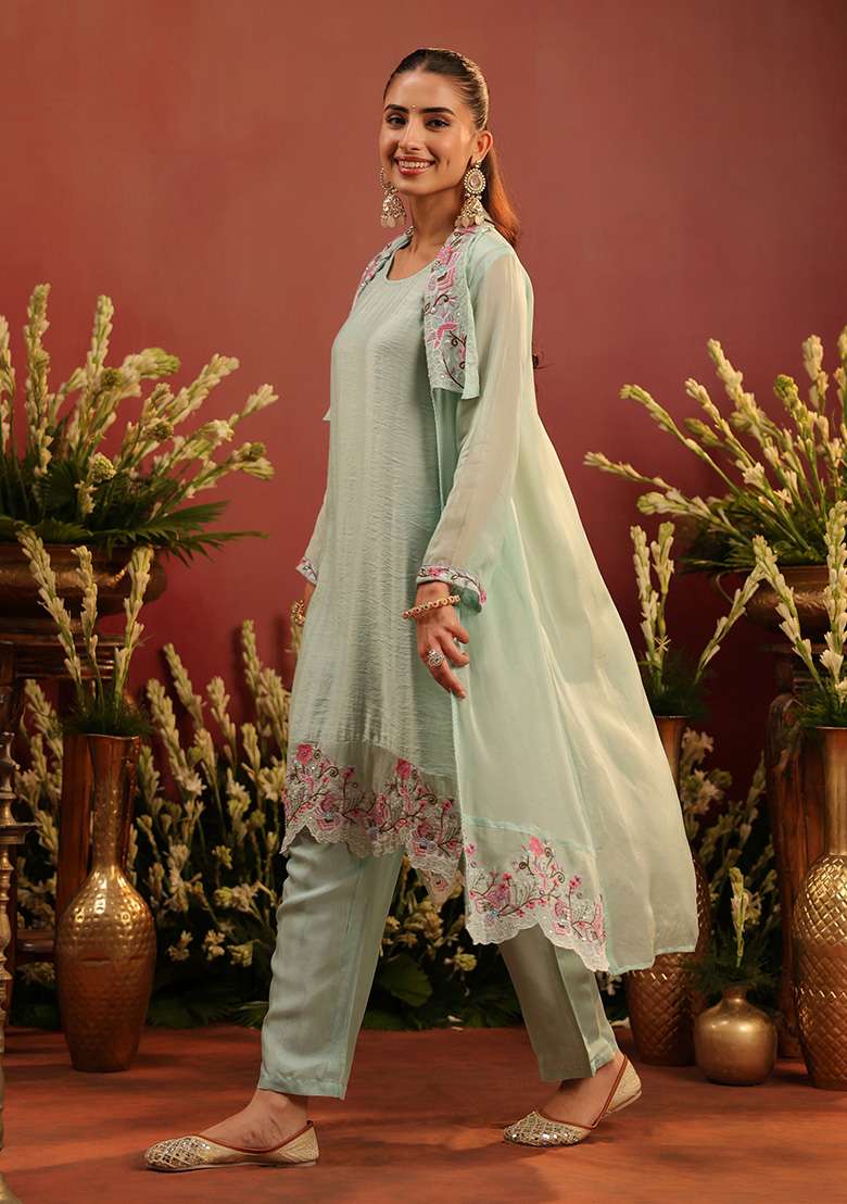 Sea Green Embroidered Silk Blend Straight Kurta Set - Indya