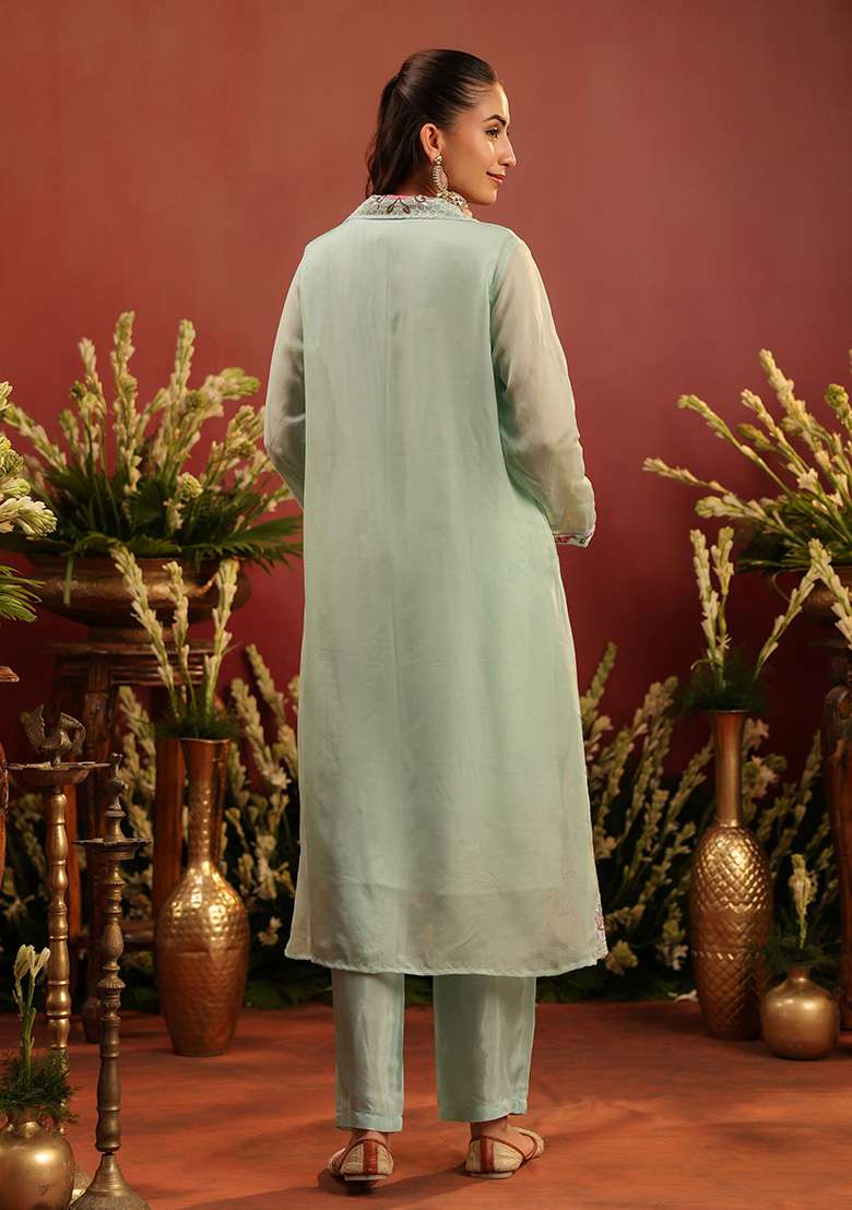 Sea Green Embroidered Silk Blend Straight Kurta Set - Indya