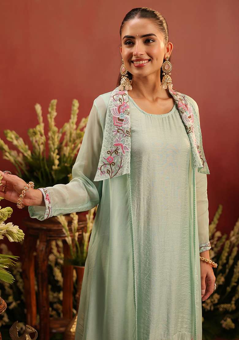 Sea Green Embroidered Silk Blend Straight Kurta Set - Indya