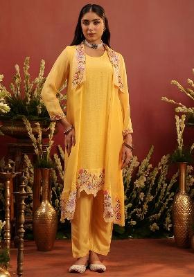 Yellow Embroidered Silk Blend Straight Kurta Set