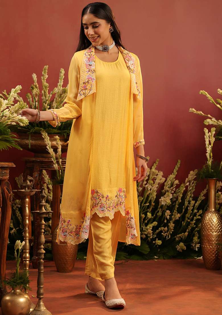 Yellow Embroidered Silk Blend Straight Kurta Set - Indya
