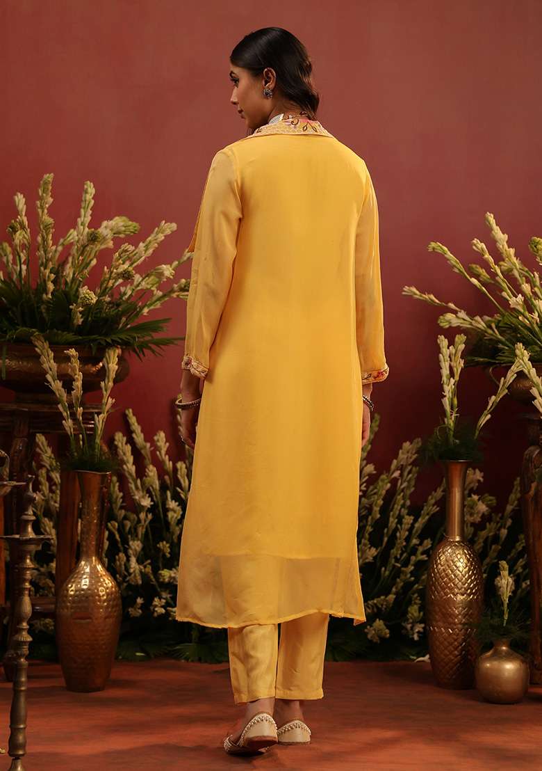 Yellow Embroidered Silk Blend Straight Kurta Set - Indya