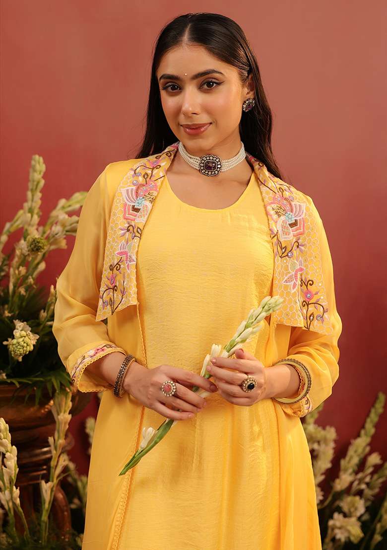 Yellow Embroidered Silk Blend Straight Kurta Set - Indya