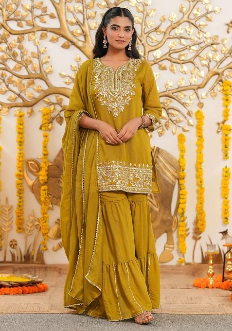 Olive Embroidery Chanderi Sharara Set