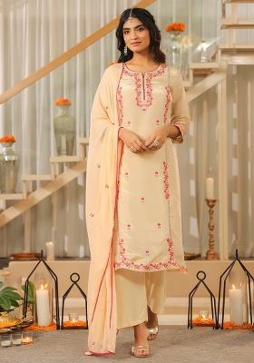 Beige Embroidered Tissue Straight Kurta Set