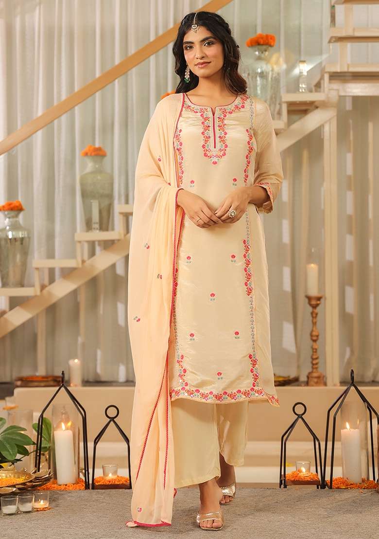 Beige Embroidered Tissue Straight Kurta Set - Indya