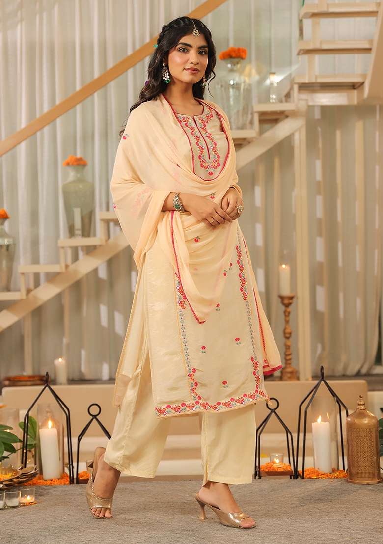 Beige Embroidered Tissue Straight Kurta Set - Indya