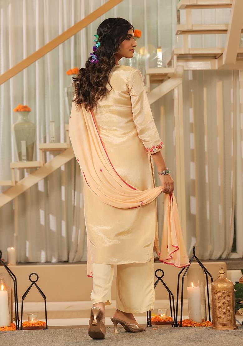 Beige Embroidered Tissue Straight Kurta Set - Indya