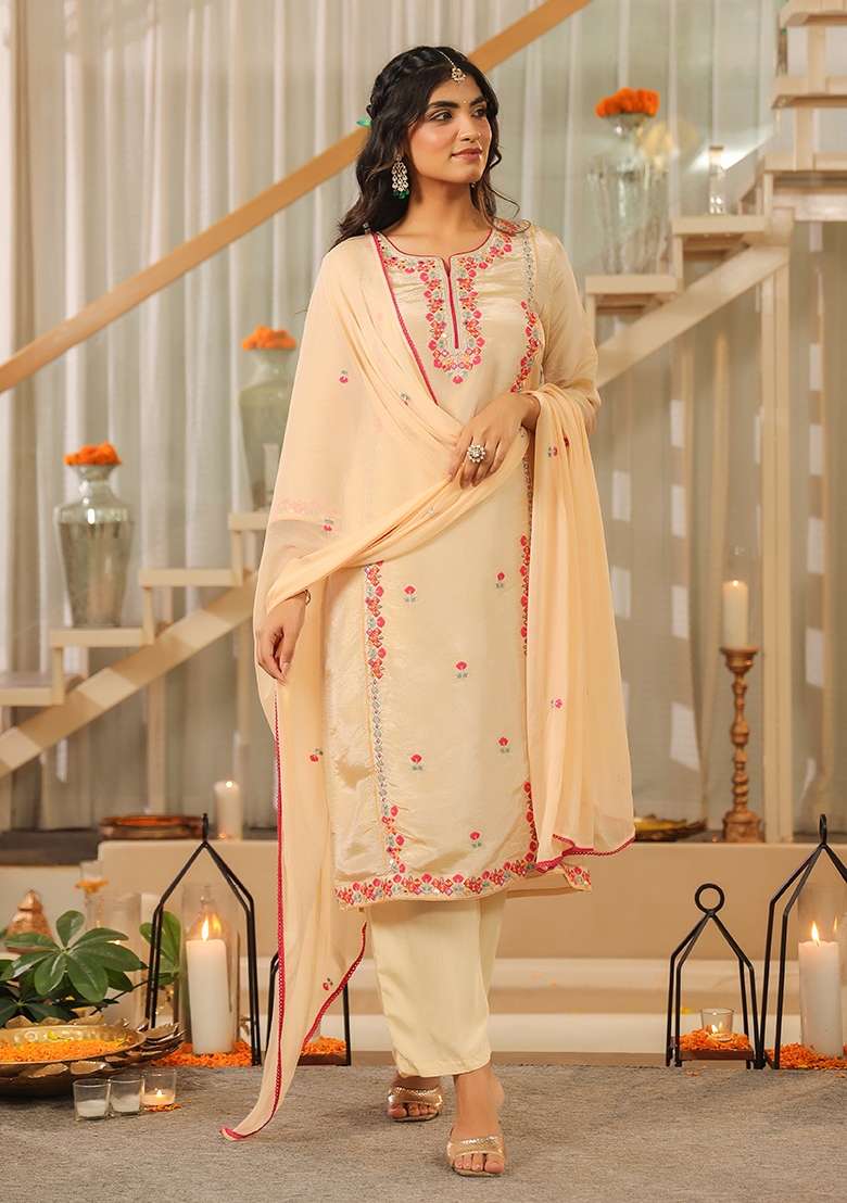 Beige Embroidered Tissue Straight Kurta Set - Indya