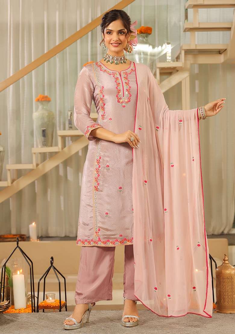 Lavender Embroidered Tissue Straight Kurta Set - Indya