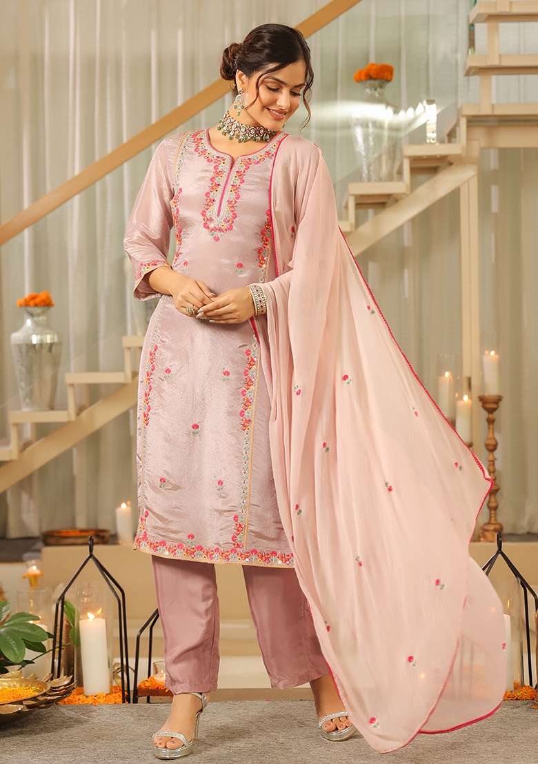 Lavender Embroidered Tissue Straight Kurta Set - Indya