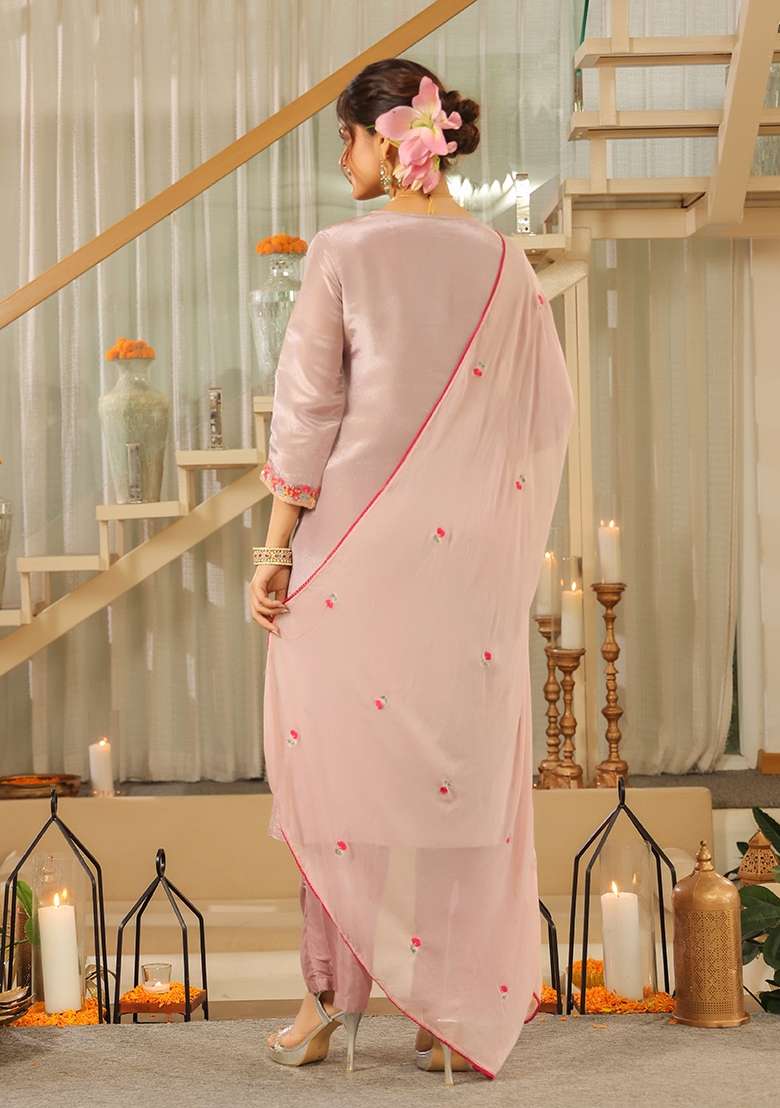 Lavender Embroidered Tissue Straight Kurta Set - Indya