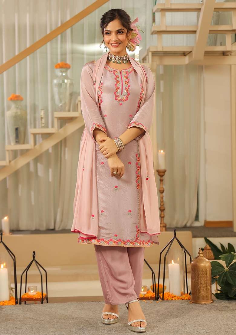 Lavender Embroidered Tissue Straight Kurta Set - Indya