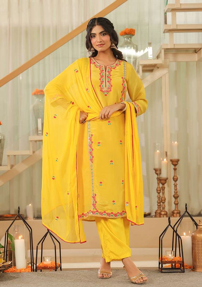 Yellow Embroidered Tissue Straight Kurta Set - Indya