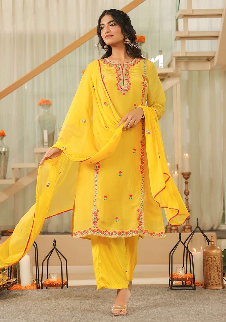 Yellow Embroidered Tissue Straight Kurta Set - Indya