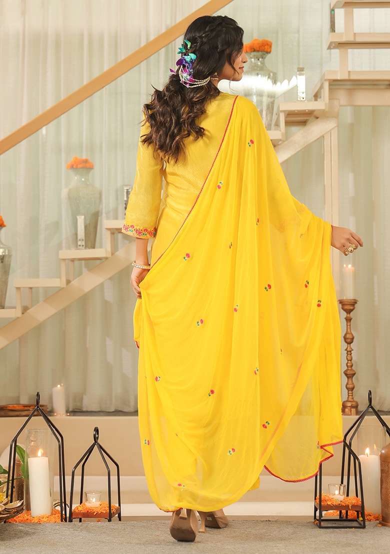 Yellow Embroidered Tissue Straight Kurta Set - Indya