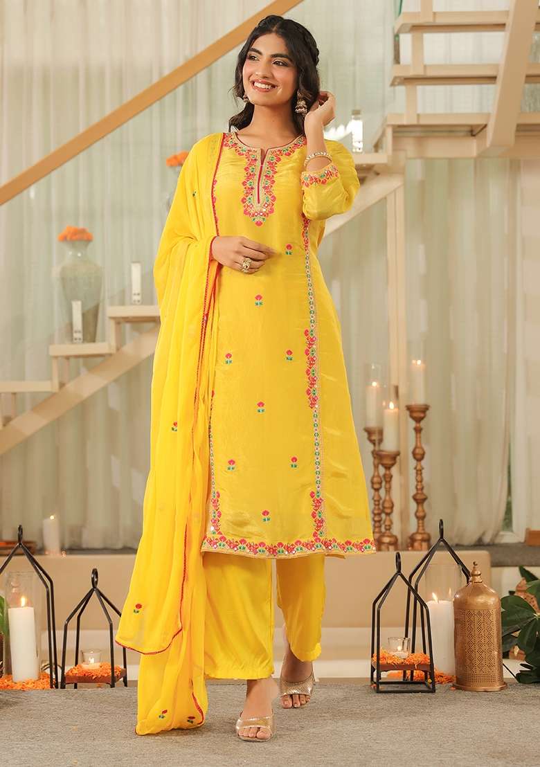 Yellow Embroidered Tissue Straight Kurta Set - Indya