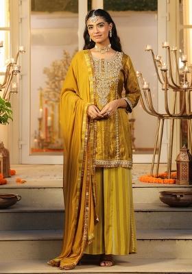 Olive Embroidered Tissue Straight Kurta Set