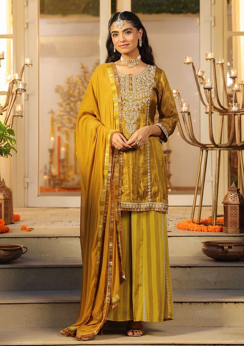 Olive Embroidered Tissue Straight Kurta Set - Indya