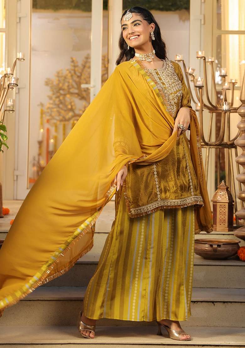 Olive Embroidered Tissue Straight Kurta Set - Indya