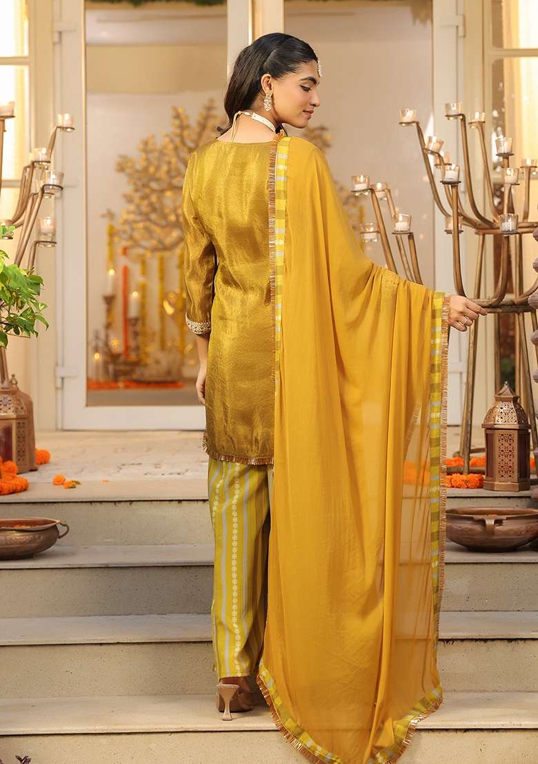 Olive Embroidered Tissue Straight Kurta Set - Indya