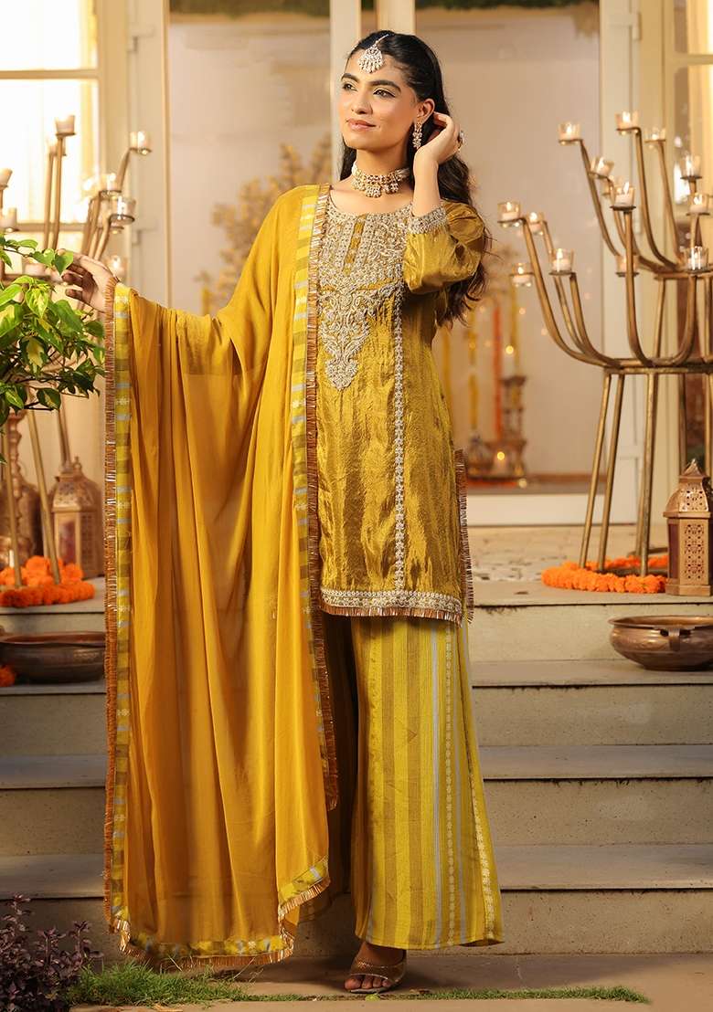 Olive Embroidered Tissue Straight Kurta Set - Indya