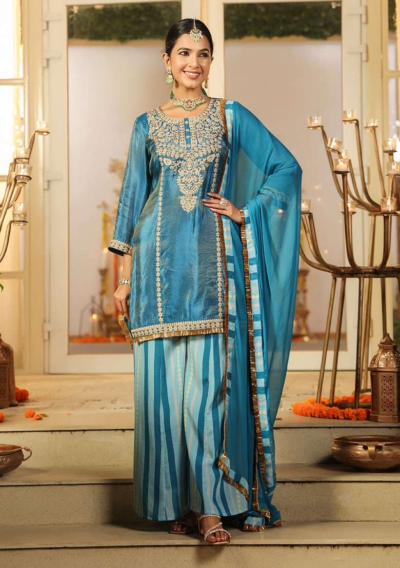 Teal Embroidered Tissue Sharara Set - Indya