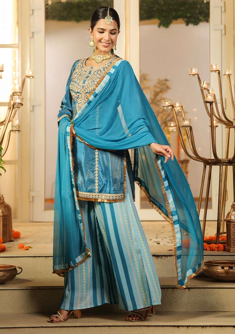 Teal Embroidered Tissue Sharara Set - Indya