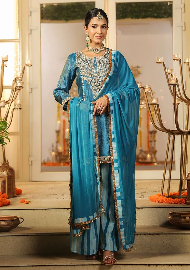 Teal Embroidered Tissue Sharara Set - Indya