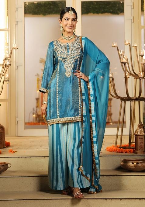 Teal Embroidery Tissue Sharara Set