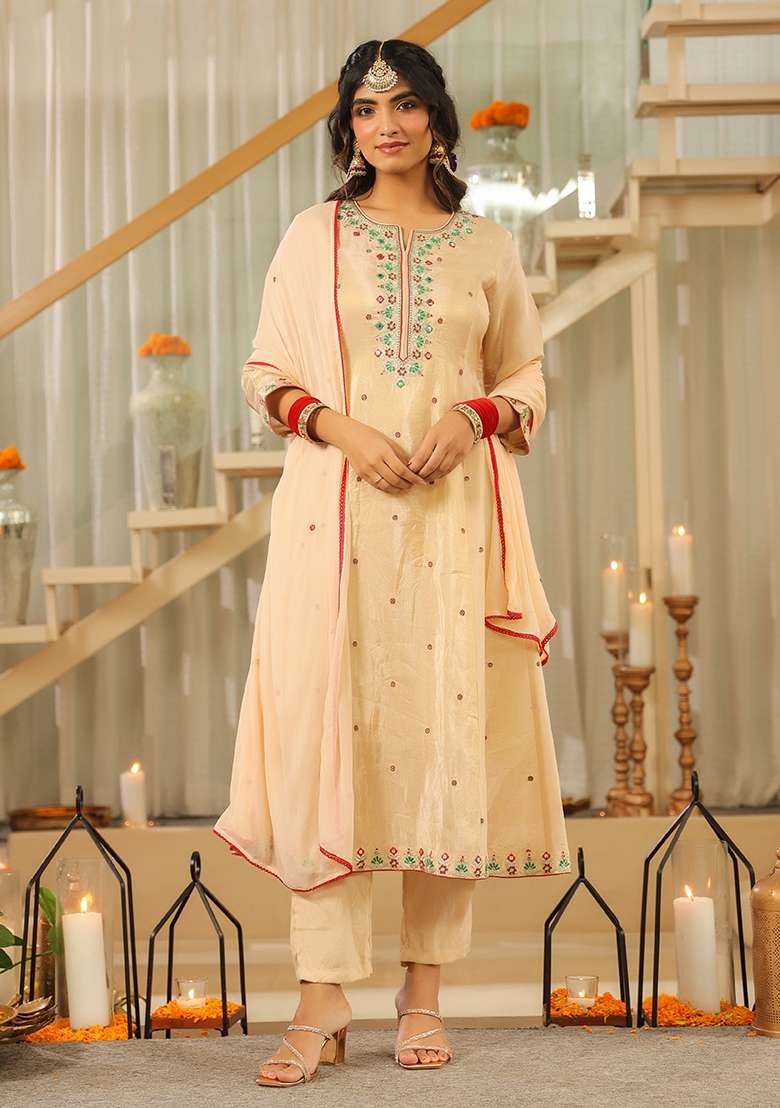 Beige Embroidered Tissue Straight Kurta Set - Indya