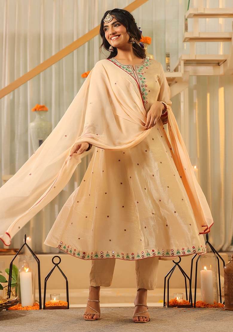 Beige Embroidered Tissue Straight Kurta Set - Indya