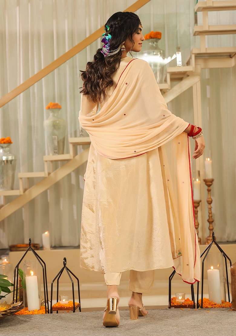 Beige Embroidered Tissue Straight Kurta Set - Indya