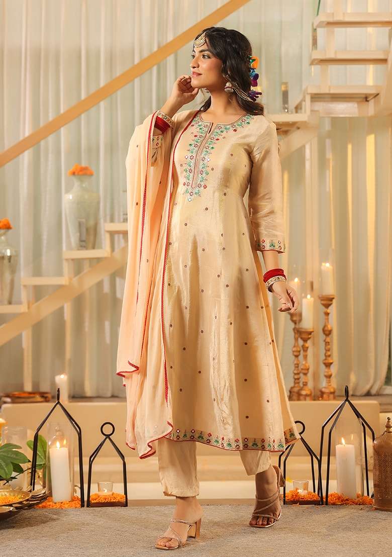 Beige Embroidered Tissue Straight Kurta Set - Indya