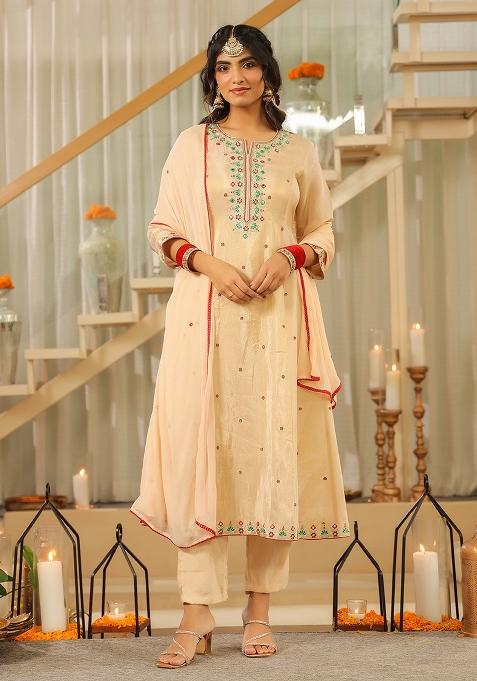Beige Embroidery Tissue Anarkali Set