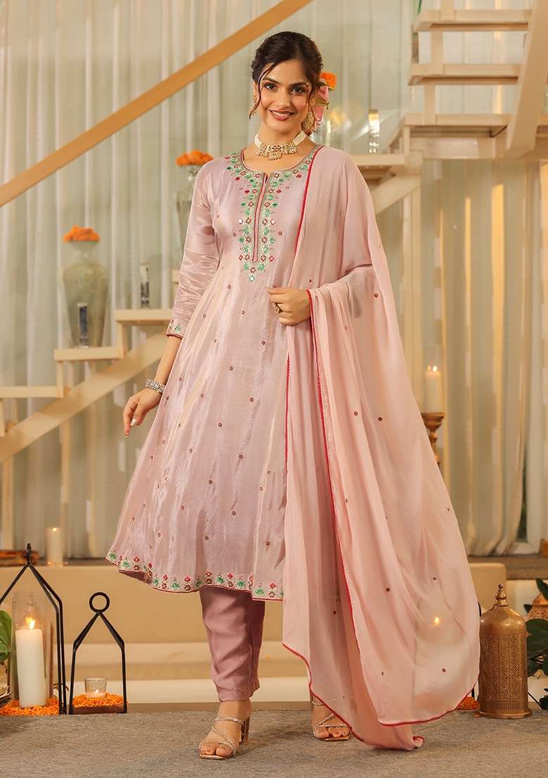 Lavender Embroidered Tissue Straight Kurta Set - Indya