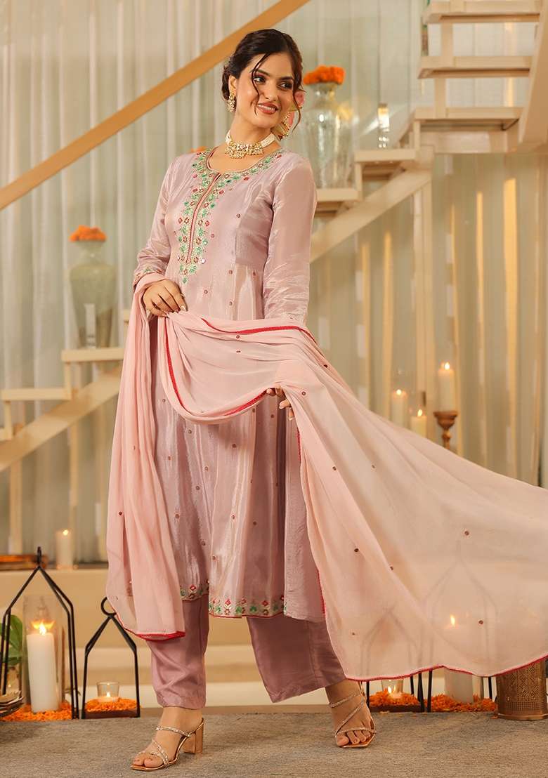 Lavender Embroidered Tissue Straight Kurta Set - Indya