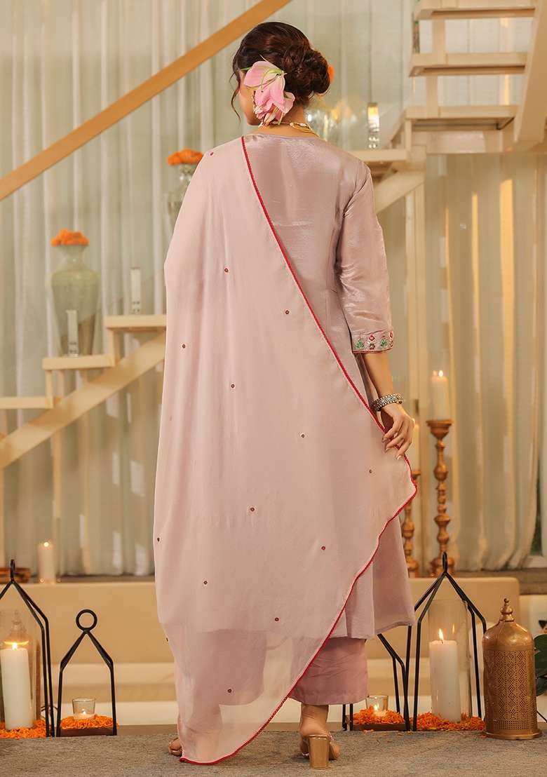 Lavender Embroidered Tissue Straight Kurta Set - Indya