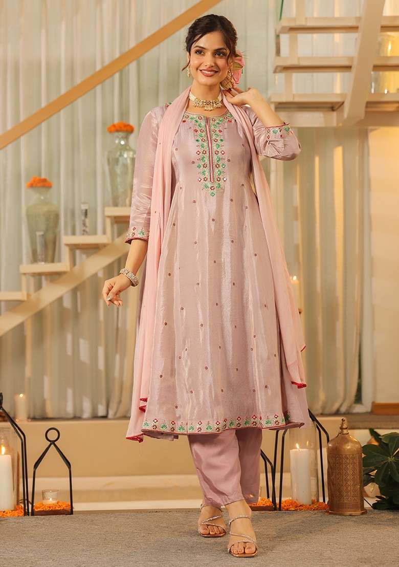 Lavender Embroidered Tissue Straight Kurta Set - Indya