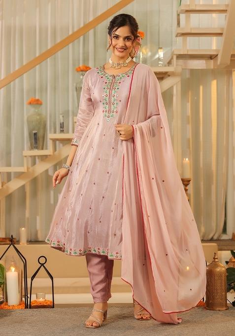 Lavender Embroidered Tissue Straight Kurta Set