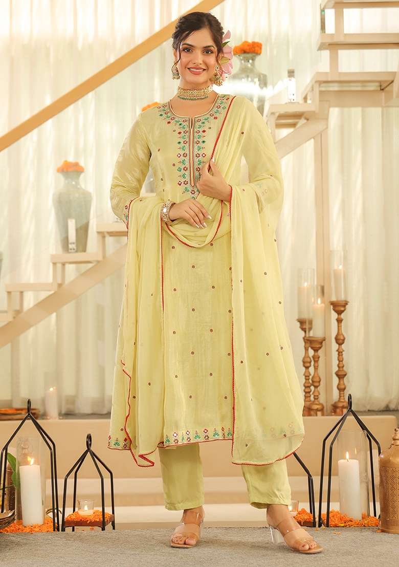 Pista Green Embroidered Tissue Straight Kurta Set - Indya