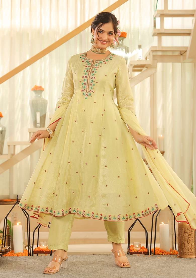 Pista Green Embroidered Tissue Straight Kurta Set - Indya