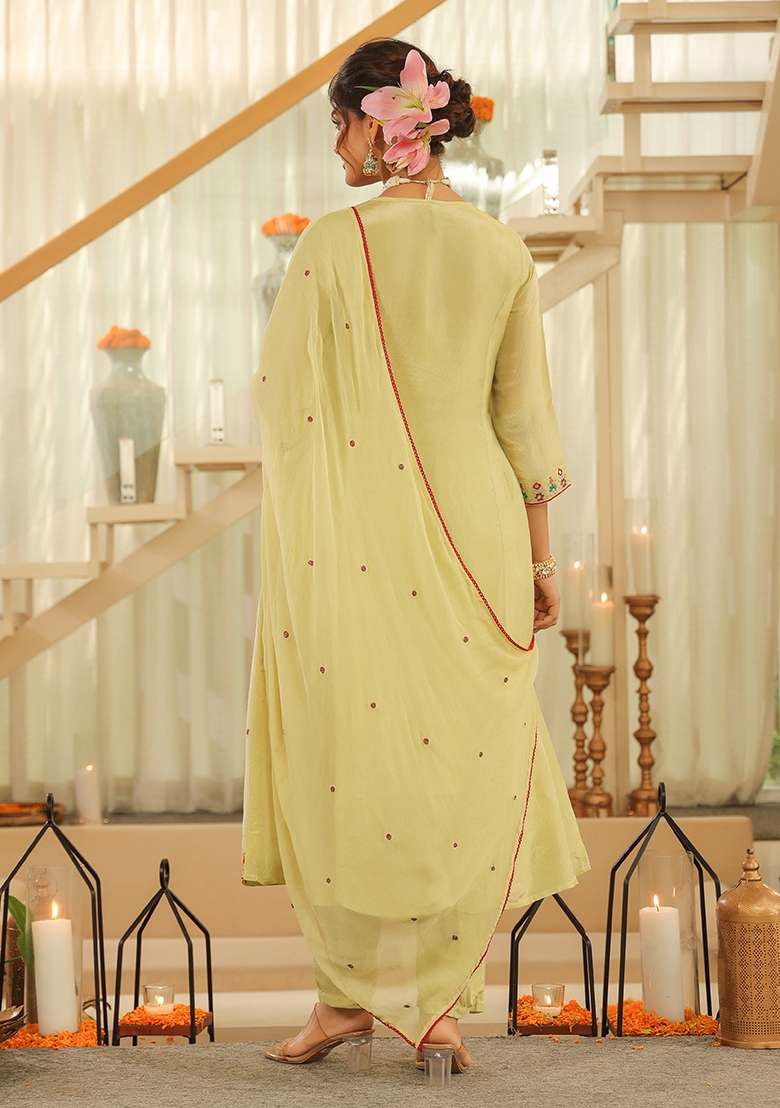 Pista Green Embroidered Tissue Straight Kurta Set - Indya