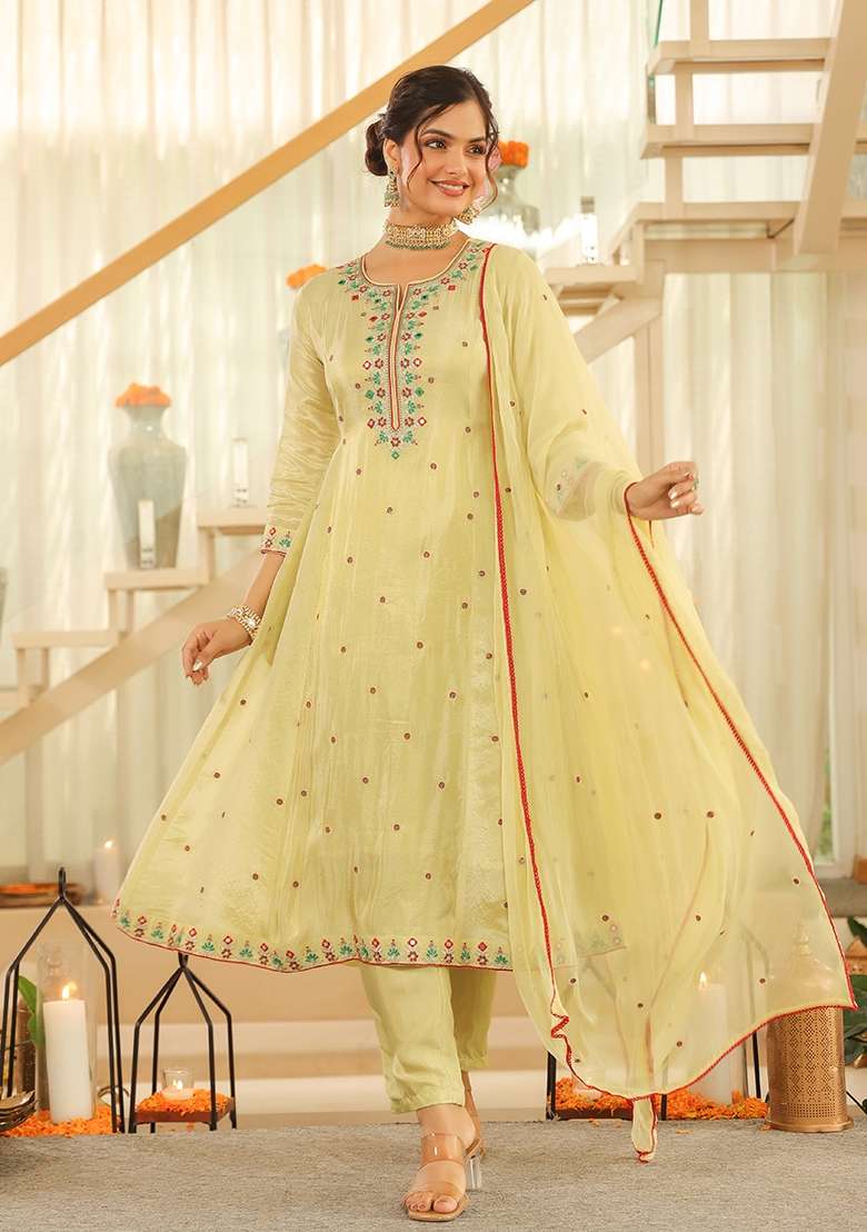 Pista Green Embroidered Tissue Straight Kurta Set - Indya