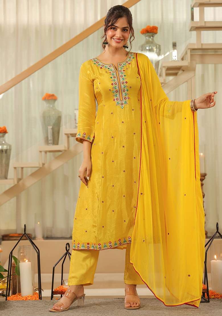 Yellow Embroidered Tissue Straight Kurta Set - Indya