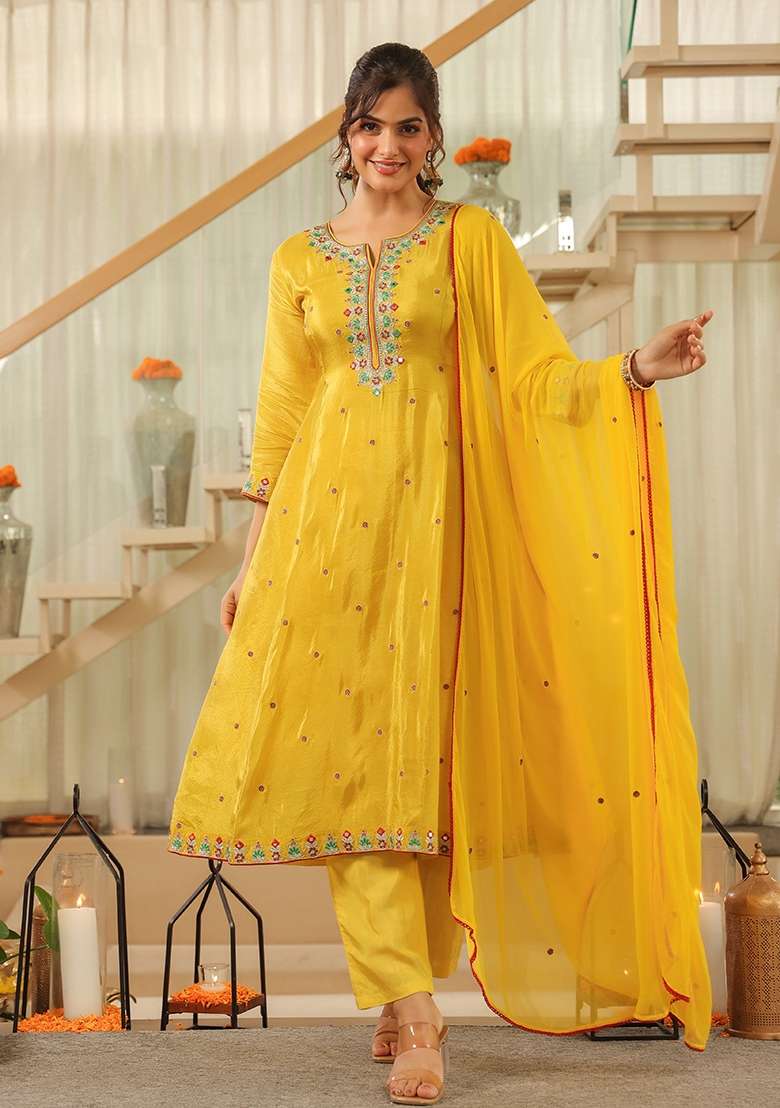 Yellow Embroidered Tissue Straight Kurta Set - Indya